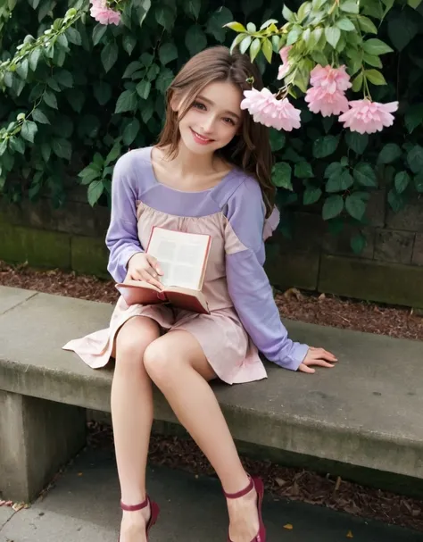 girl, 1girl, blush, book, bookshelf, brown footwear, brown hair, closed mouth, collarbone, day, flower, full body, hair ornament, hands up, holding, holding book, leaf, long hair, long sleeves, looking at viewer, outdoors, pink flower, purple eyes, red footwear, sitting, smile, solo, standing, standing on one leg