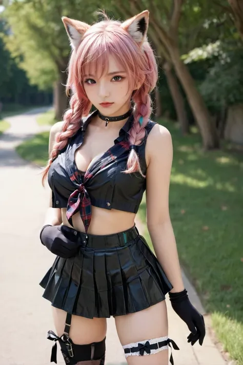 naked girl,(nude:1.1),(sexy pose:1.1), animal ears, aqua hair, asymmetrical legwear, belt, bird, black belt, black gloves, black ribbon, black shorts, braid, breasts, bug, butterfly, buttons, choker, collarbone, cowboy shot, fingerless gloves, fox ears, fox girl, fox tail, fur trim, fur-trimmed gloves, gloves, hair between eyes, hair ribbon, jacket, lips, long hair, looking at viewer, medium breasts, multicolored hair, open clothes, open jacket, outdoors, pink hair, plaid, plaid bow, red eyes, red jacket, red shirt, red skirt, ribbon, shirt, shorts, sidelocks, single braid, skin fang, skirt, sleeveless, sleeveless shirt, small breasts, solo, tail, thighhighs, twin braids, two-tone hair, very long hair, white hair, white skirt