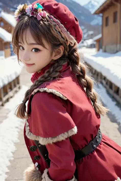 (extreme close-up:1.1) ,backgrounds, lady,portrait ,black , 1boy, 1girl, belt, black legwear, blush, braid, brown eyes, brown hair, buttons, coat, day, flower, from behind, fur trim, fur-trimmed capelet, fur-trimmed sleeves, hair ornament, hat, long hair, long sleeves, looking at viewer, looking back, open mouth, outdoors, pom pom \(clothes\), red coat, red shirt, scarf, shirt, short hair, smile, twin braids