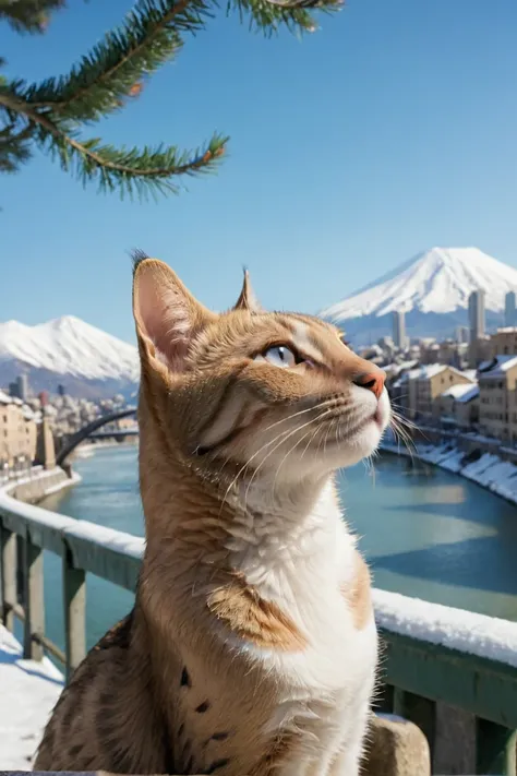 (extreme close-up:1.1) ,backgrounds, lady,portrait ,Bastet , animal, bag, bird, blue sky, branch, bridge, city, cloud, day, grass, mountain, nature, outdoors, scenery, shadow, sky, snow, snowing, solo, water