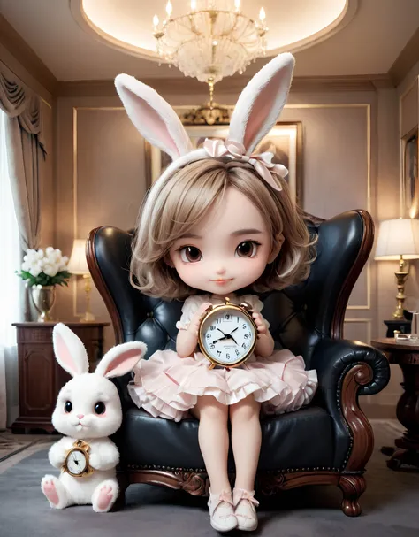 A cute chibi character sitting in a luxurious VIP room, handing over a fluffy bunny with a ticking clock attached, symbolizing a bomb.