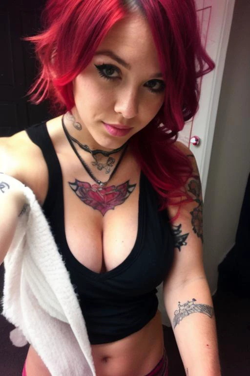 <lora:AmateurSelfie_v1:1>, selfie, overexposed dark room, girl, tank top, cleavage, big breasts, red hair, tattoos, mascara, makeup, piercings, 4m4t3ur