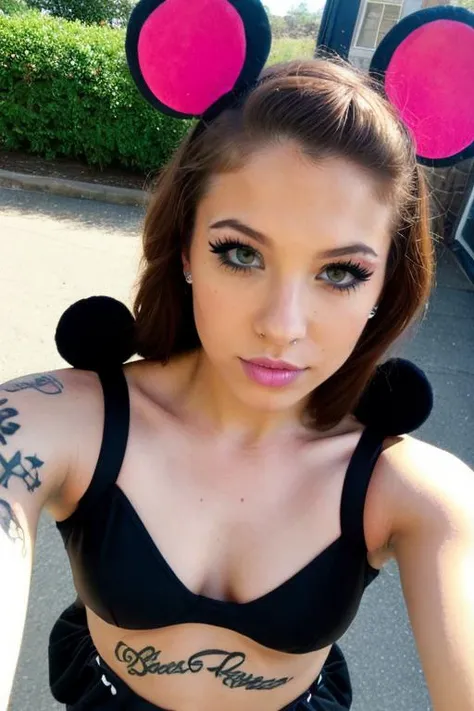 <lora:AmateurSelfie_v1:1>, selfie, underexposed outside shot, mickey mouse costume, brown hair, tattoos, mascara, makeup, piercings, naughty face, 4m4t3ur