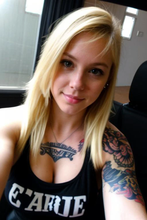 <lora:AmateurSelfie_v1:1>, selfie, overexposed dark room, girl, tank top, cleavage, big breasts, blonde hair, tattoos, piercings, 4m4t3ur