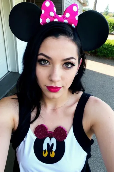 <lora:AmateurSelfie_v1:1>, selfie, underexposed outside shot, mickey mouse costume, black hair, tattoos, mascara, makeup, piercings, naughty face, 4m4t3ur