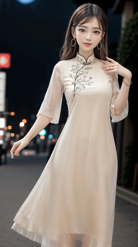 masterpiece,best quality,(Night:1.7),CityView,(outdoors:1.3),city lights,skyscraper,street,close up,
1girl,jewelry,earrings,necklace,Standing at attention,beautiful face,victory pose,black hair,
<lora:add_detail:1>
<lora:Elegant Qipao_20230705102138:0.8> white dress, chinese clothes,