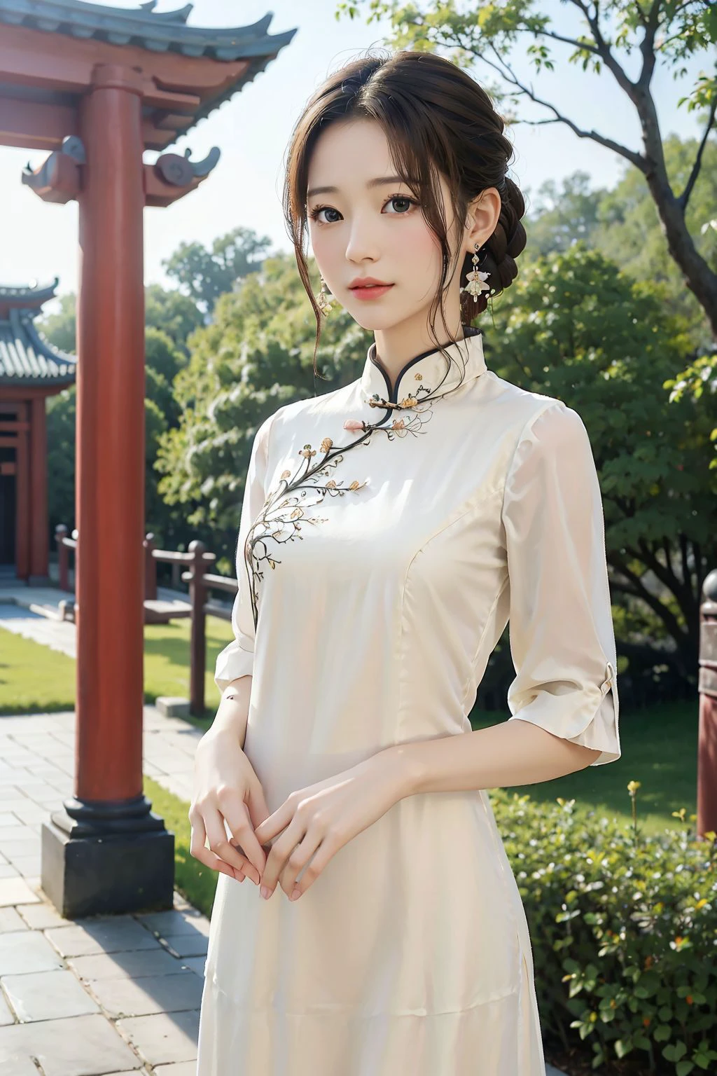 <lora:Elegant Qipao_20230705102138:0.7>, white dress, chinese clothes, <lora:aerith-nvwls-v1-final:0.6>, aerith gainsborough, upper body,earrings,outside, chinese temple, (8k, RAW photo, best quality, masterpiece:1.2), (realistic, photo-realistic:1.4), high quality, adobe lightroom,high detailed skin,looking at viewer,, (masterpiece, best quality, high quality, highres, ultra-detailed),
