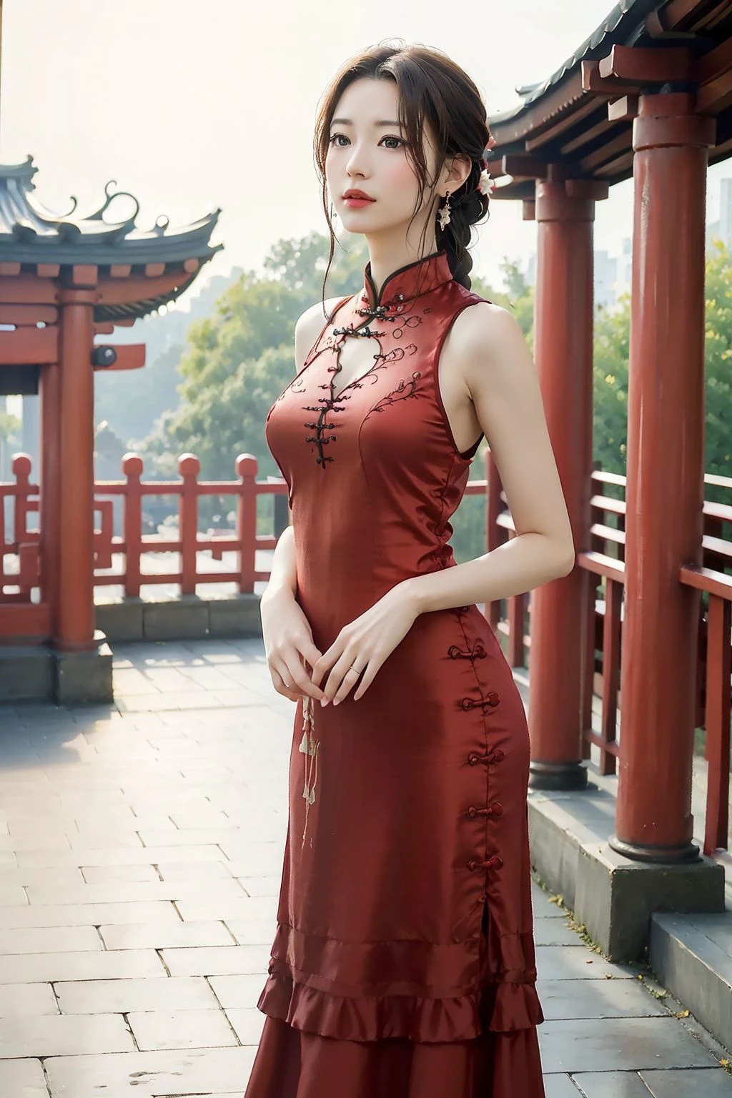 <lora:Elegant Qipao_20230705102138:0.7>, red dress, chinese clothes, <lora:aerith-nvwls-v1-final:0.6>, aerith gainsborough, upper body,earrings,outside, chinese temple, (8k, RAW photo, best quality, masterpiece:1.2), (realistic, photo-realistic:1.4), high quality, adobe lightroom,high detailed skin,looking at viewer,, (masterpiece, best quality, high quality, highres, ultra-detailed),