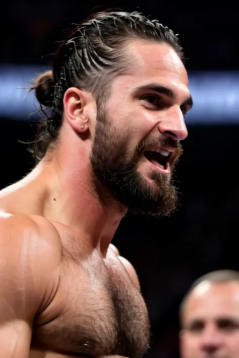 RAW photo, seth rollins, shouting, man bun, (high detailed skin:1.2), 8k uhd, dslr, soft lighting, high quality, film grain, Fujifilm XT3 <lora:Nlo_SethRollins_v1:0.9>