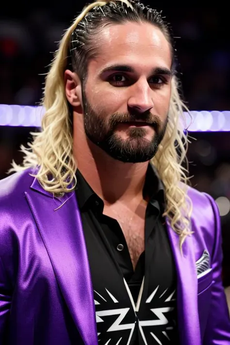 RAW photo, seth rollins, dyed blond hair, full clothes, purple glitter suit, (high detailed skin:1.2), 8k uhd, dslr, soft lighting, high quality, film grain, Fujifilm XT3 <lora:Nlo_SethRollins_v1:0.9>