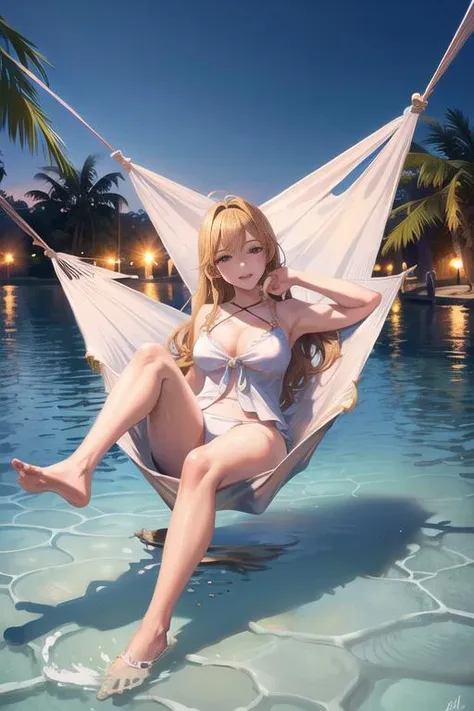 <lora:betterCuteAsian03:0.3>, woman,(relaxing_on_hammock,surrounded_by_water:1.3),
good hand,4k, high-res, masterpiece, best quality, head:1.3,((Hasselblad photography)), finely detailed skin, sharp focus, (cinematic lighting), collarbone, night, soft lighting, dynamic angle, [:(detailed face:1.2):0.2], outside,      <lora:relaxing_on_hammock:0.5>