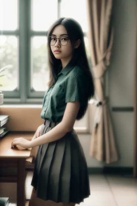 (((detailedlight))), ((((cinematic lighting)))), (lens flare), light leaks, sunlight ,shine , ((beautiful detailed glow)),RAW photo, delicate, best quality, (intricate details:1.3), hyper detail, finely detailed, (studio lighting:1.2), (Fujifilm XT3), (photorealistic:1.3) , (detailed skin:1.2).
((beautiful detailed girl)),round eyewear,solo,green shirt,black dress,full body,student,tfg1,stand up.
library,park,school