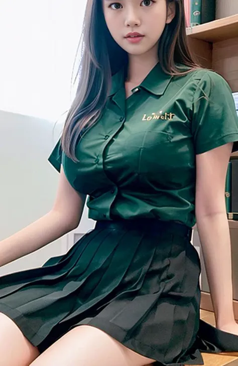 (((detailedlight))), ((((cinematic lighting)))), light leaks, sunlight ,shine , ((beautiful detailed glow)),RAW photo, delicate, best quality, (intricate details:1.3), hyper detail, finely detailed, (studio lighting:1.2), (Fujifilm XT3), (photorealistic:1.3) , (detailed skin:1.2),17yo,((beautiful detailed girl)),((beautiful face)),solo,green shirt,black dress,full body,student,tfg1,stand up,library,park,school,school girl, modelshoot style, tfg1, green shirt, black skirt, best quality, thighs exposed, sit, crossed leg,((huge breasts),breasts out,(sweat:1.4)),(((full body))),button open