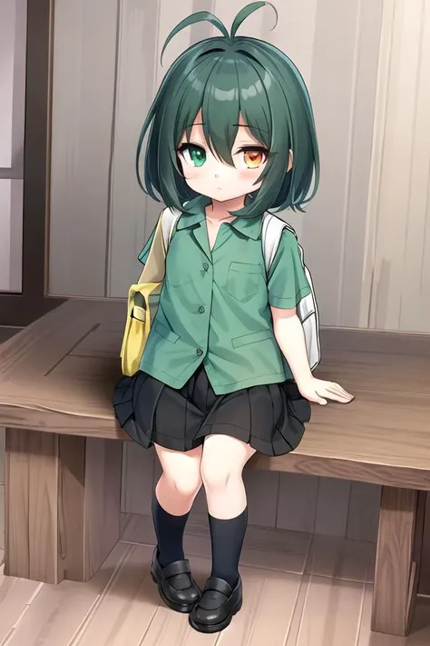 <lora:tfg1:0.8> (best quality:1.2), highly detailed, ultra-detailed, (masterpiece:1.2), (((illustration))), beautiful detailed eyes, (anime:1.2), (moe), {{official art}}, novel illustration, {game CG},tfg1, (((1girl))), solo, full body,
(((( body)))),((heterochromia,lightgreen eyes,forestgreen eyes)),green hair,hair between eyes,antenna hair,very short hair,flat chest,((expressionless)), ((wearing school girl,green blouse,black pleated skirt)),over knee socks,school bag,
