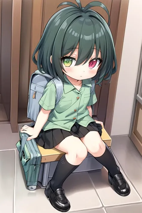 <lora:tfg1:0.7> (best quality:1.2), highly detailed, ultra-detailed, (masterpiece:1.2), (((illustration))), beautiful detailed eyes, (anime:1.2), (moe), {{official art}}, novel illustration, {game CG},tfg1, (((1girl))), solo, full body,
(((( body)))),((heterochromia,lightgreen eyes,forestgreen eyes)),green hair,hair between eyes,antenna hair,very short hair,flat chest,((expressionless)), ((wearing school girl,green blouse,black pleated skirt)),over knee socks,school bag,