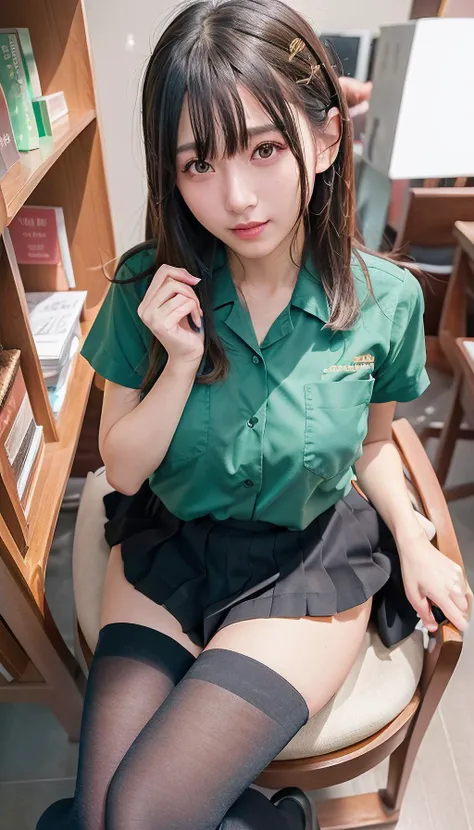 1womanl、(Super beautiful)、(beauitful face:2)、(A detailed face:1.5)、(A detailed eye:1.1)、(Detailed lips:1.1)、(Detail nose:1.1)、(Shot from the knee up:1.1)、(Starbucks clerk in Japan)、(Starbucks Uniforms:1.1)、(She lifts her skirt to reveal her white panties:1.3)、(Bare legs:1.5)、Brown hair、(Standing inside a Starbucks store)、(At SFW:1.3)