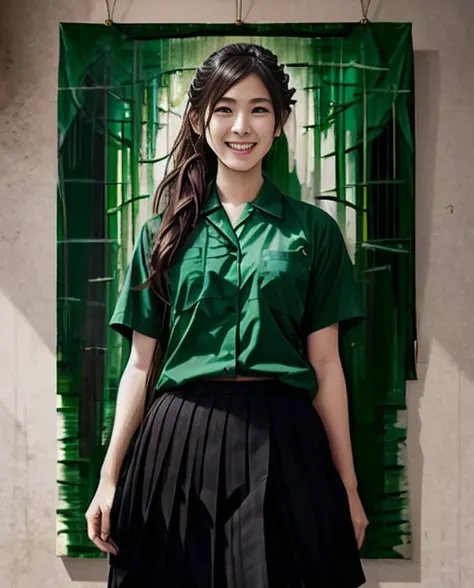 full shot body photo of the most beautiful artwork in the world, A high school girl, smiling, nostalgia, sexy, green outfit, medium black skirt, heart professional majestic oil painting by Ed Blinkey, Atey Ghailan, Studio Ghibli, by Jeremy Mann, Greg Manchess, Antonio Moro, trending on ArtStation, trending on CGSociety, Intricate, High Detail, Sharp focus, dramatic, photorealistic painting art by midjourney and greg rutkowski,  <lora:tfg1:1>,  <lora:shojovibe_v11:0.6>, , full body