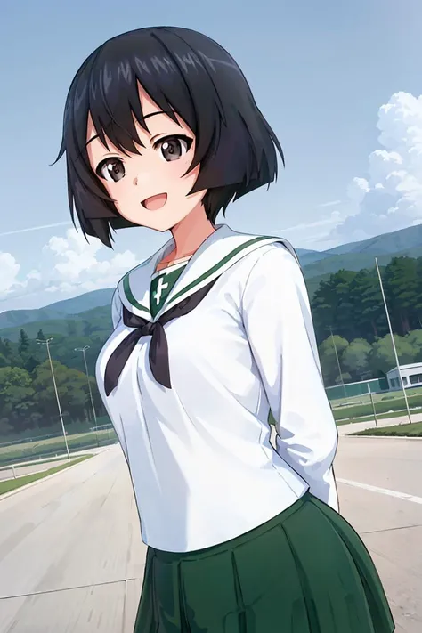 masterpiece,best quality, 1girl,solo,girls und panzer, utsugi yuuki, small breasts,ooarai school uniform,white shirt,black handkerchief,green skirt, arms behind back, happy, outdoors, blue sky <lora:Utsugi Yuuki:0.6>