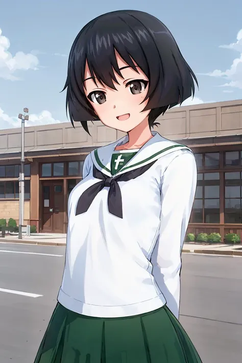 masterpiece,best quality, 1girl,solo,girls und panzer, utsugi yuuki, small breasts,ooarai school uniform,white shirt,black handkerchief,green skirt, arms behind back, happy, cowboy shot, school, blue sky <lora:Utsugi Yuuki:0.6>