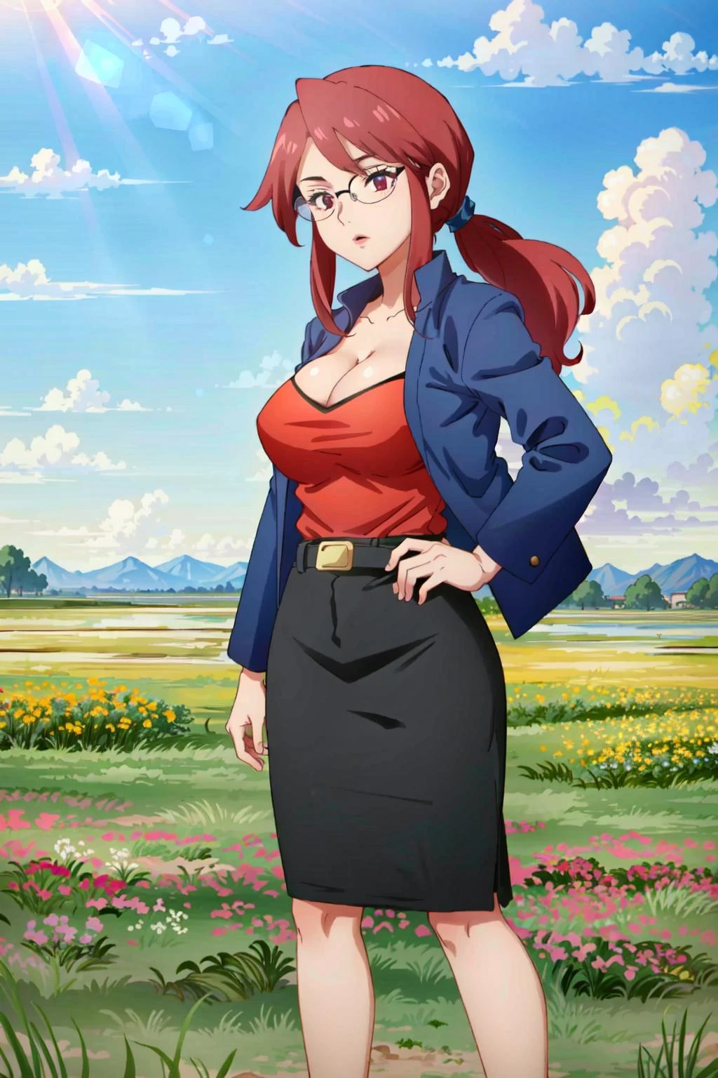 LoreleiPKMN,1girl,magenta hair,ponytail,glasses,red shirt,cleavage,large breasts,blue jacket,belt,black skirt,standing,masterpiece,best quality,in field,solo,adult,mature woman, <lora:LoreleiLora-10:0.8>