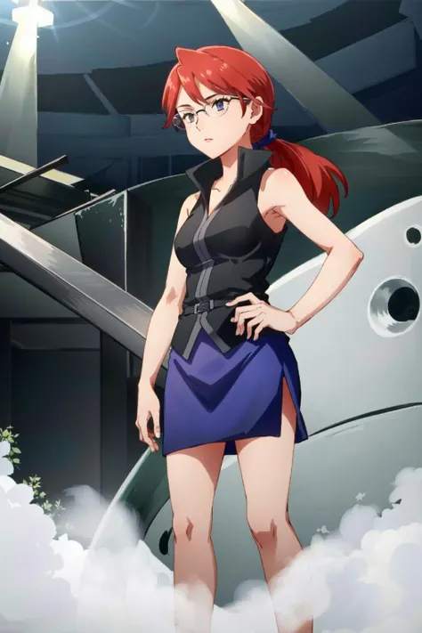 LoreleiPKMN,1girl,red hair,ponytail,glasses,black shirt,(sleeveless shirt),purple skirt,standing,masterpiece,best quality,in arena,solo,adult,mature woman, <lora:LoreleiLora-10:0.8>