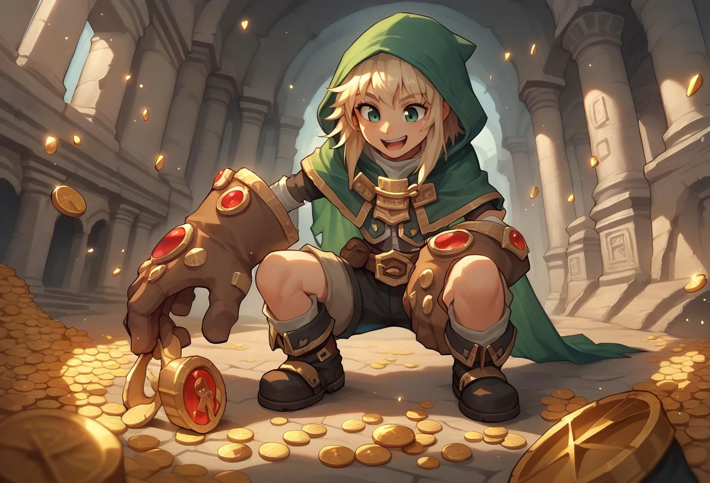 score_9, score_8_up, score_7_up,
<lora:GullyPonyLora:0.8>, cloak, gloves, oversized limbs, belt, short hair, hood, pouch, boots, top, shorts,
happy, looking around, crouching, picking coins,
dynamic angle, indoors, ancient ruins, treasure, gold coins,