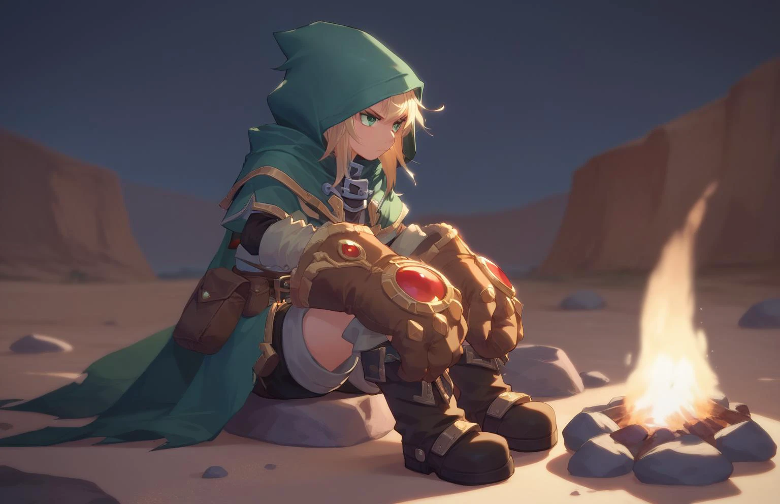 score_9, score_8_up, score_7_up, masterpiece, high quality,
<lora:GullyPonyLora:0.8>, cloak, gloves, oversized limbs, belt, short hair, hood, pouch, boots, top, shorts,
serious, sitting on a rock, arms together,
dynamic shot, outdoors, night, desert, (bonfire:1.2), rocks,
