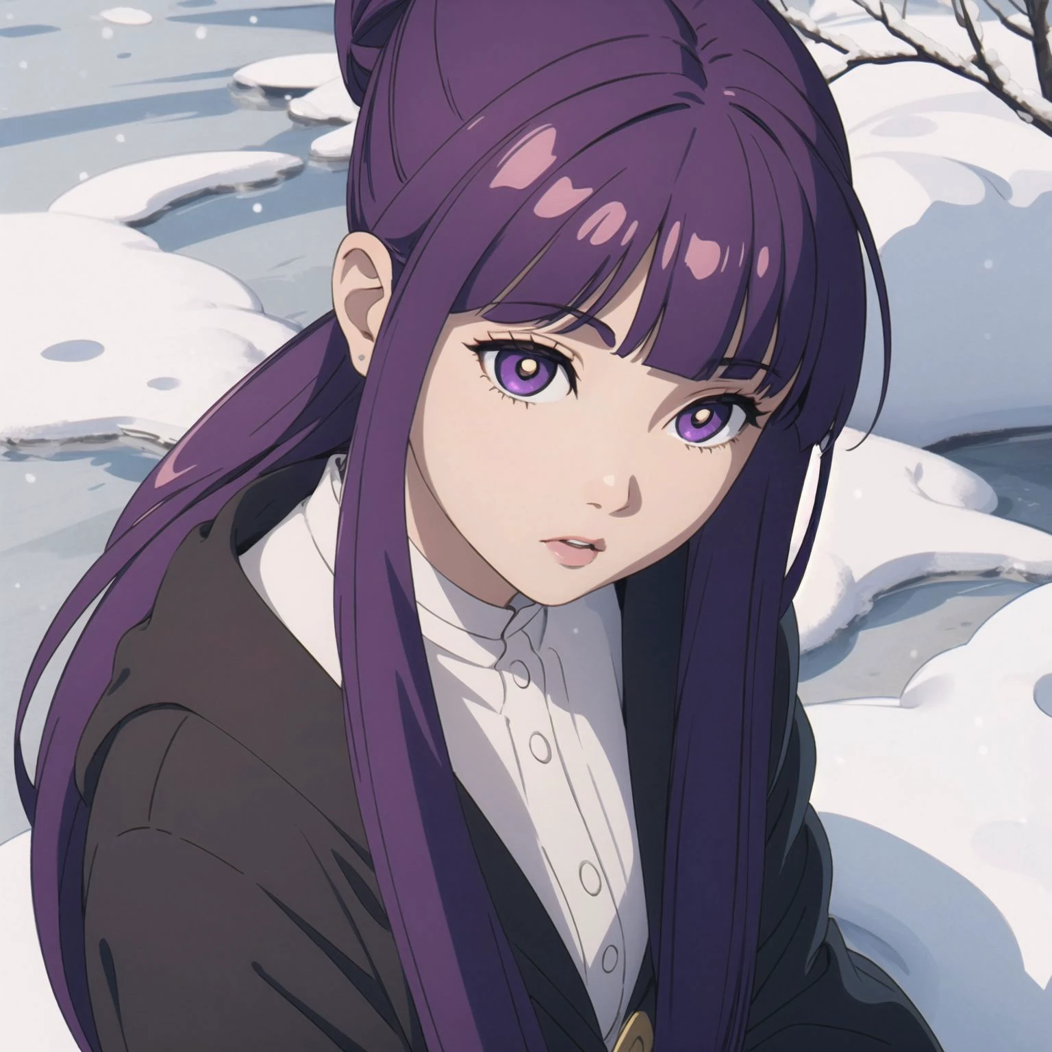 Magic girl looking to the sky, snow, from above, spot color, yellow eyes, long hair, purple eyes, blunt bangs, sidelocks, half updo, bright pupils, <lora:O&1Ve:0.8>