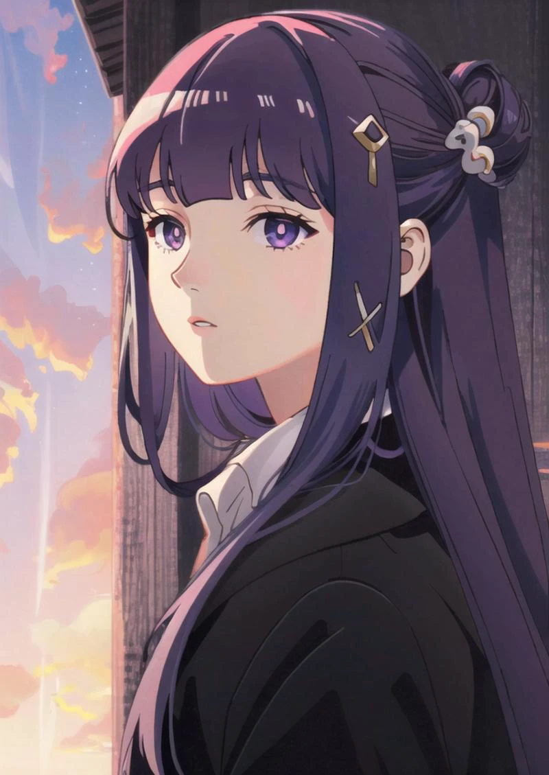 <lora:ç å½é£:0.8>,guofeng,
<lora:è²ä¼¦1Ve:0.8>,1girl,solo,purple hair,long hair,purple eyes,blunt bangs,sidelocks,half updo,bright pupils,hair ornament,HDR,UHD,8K,best quality,