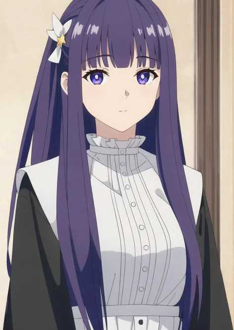 <lora:è²ä¼¦1Ve:0.8>,1girl,solo,purple hair,long hair,purple eyes,blunt bangs,sidelocks,half updo,bright pupils,hair ornament,frilled collar,black robe,white dress,center frills,buttons,wide sleeves,long sleeves,curvy,cowboy shot,Exquisite visuals,high-definition,masterpiece,best quality,20yo,Young female,Beautiful Finger,Beautiful long legs,Beautiful body,Beautiful Nose,Beautiful character design,perfect eyes,perfect face,expressive eyes,looking at viewer,official art,extremely detailed CG unity 8k wallpaper,perfect lighting,Colorful,Bright_Front_face_Lighting,shiny skin,(masterpiece:1),(best_quality:1),ultra high res,4K,ultra-detailed,photography,8K,HDR,highres,absurdres:1.2,Kodak portra 400,film grain,blurry background,bokeh:1.2,lens flare,(vibrant_color:1.2),(beautiful_face:1.5),(narrow_waist),NSFW,