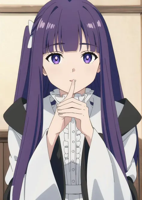 <lora:è²ä¼¦1Ve:0.8>,1girl,solo,purple hair,long hair,purple eyes,blunt bangs,sidelocks,half updo,bright pupils,hair ornament,frilled collar,black robe,white dress,center frills,buttons,wide sleeves,long sleeves,curvy,cowboy shot,Exquisite visuals,high-definition,masterpiece,best quality,20yo,Young female,Beautiful Finger,Beautiful long legs,Beautiful body,Beautiful Nose,Beautiful character design,perfect eyes,perfect face,expressive eyes,looking at viewer,official art,extremely detailed CG unity 8k wallpaper,perfect lighting,Colorful,Bright_Front_face_Lighting,shiny skin,(masterpiece:1),(best_quality:1),ultra high res,4K,ultra-detailed,photography,8K,HDR,highres,absurdres:1.2,Kodak portra 400,film grain,blurry background,bokeh:1.2,lens flare,(vibrant_color:1.2),(beautiful_face:1.5),(narrow_waist),NSFW,