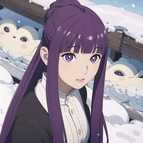 Magic girl looking to the sky, snow, from above, spot color, yellow eyes, long hair, purple eyes, blunt bangs, sidelocks, half updo, bright pupils, <lora:O&1Ve:0.8>