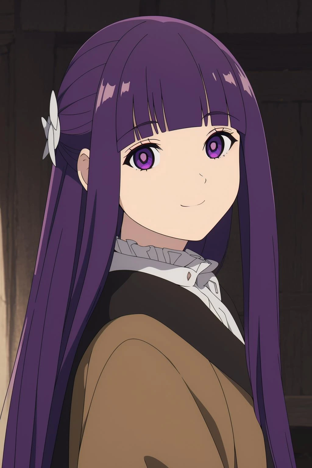 <lora:è²ä¼¦1V:0.8>,è²ä¼¦,1girl,solo,purple hair,long hair,purple eyes,blunt bangs,sidelocks,half updo,bright pupils,
hair ornament,frilled collar,black robe,white dress,center frills,buttons,wide sleeves,long sleeves,curvy,cowboy shot,brown coat,from side,smile,, Exquisite visuals, high-definition,masterpiece,best quality,, 20yo,Young female,Beautiful Finger,Beautiful long legs,Beautiful body,Beautiful Nose,Beautiful character design, perfect eyes, perfect face,expressive eyes,
looking at viewer,
official art,extremely detailed CG unity 8k wallpaper, perfect lighting,Colorful, Bright_Front_face_Lighting,shiny skin,
(masterpiece:1.0),(best_quality:1.0), ultra high res,4K,ultra-detailed,
photography, 8K, HDR, highres, absurdres:1.2, Kodak portra 400, film grain, blurry background, bokeh:1.2, lens flare, (vibrant_color:1.2), (beautiful_face:1.5),(narrow_waist), ,NSFW,