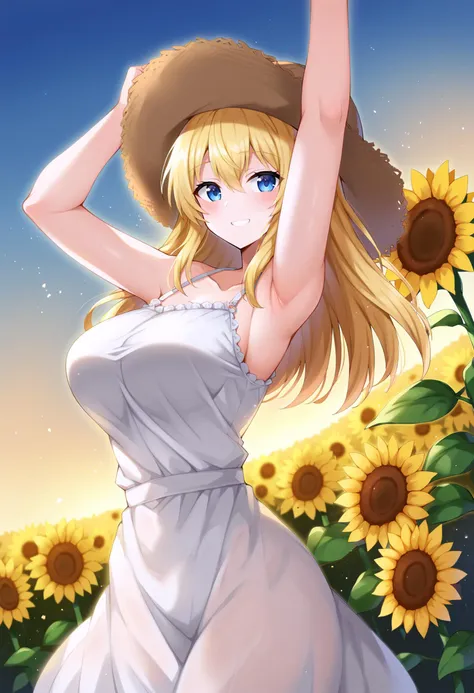 score_9, score_8_up, score_7_up, score_6_up, score_5_up, score_4_up, 
simple background, gradient background, 
refraction, caustics, rim lights, backlighting, bloom, 
BREAK
source_anime, day, outdoors, sky, flower field, sunflower, sunflower field, sunset, 
BREAK
1girl, sundress, sunhat, blonde hair, large breasts, see-through silhouette, happy, hair between eyes, 
arms up, armpits, light smile, 
<lora:Serin199-v3-PDXL:1>