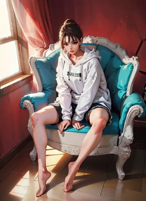 best quality, high resolution, distinct image, (1lady), (solo), Cute woman, sit, armchair, open legs, hands between legs, wearing loose hoodie, shorts, toned legs, barefoot,  bedroom, (cinematic lightings:1.3)