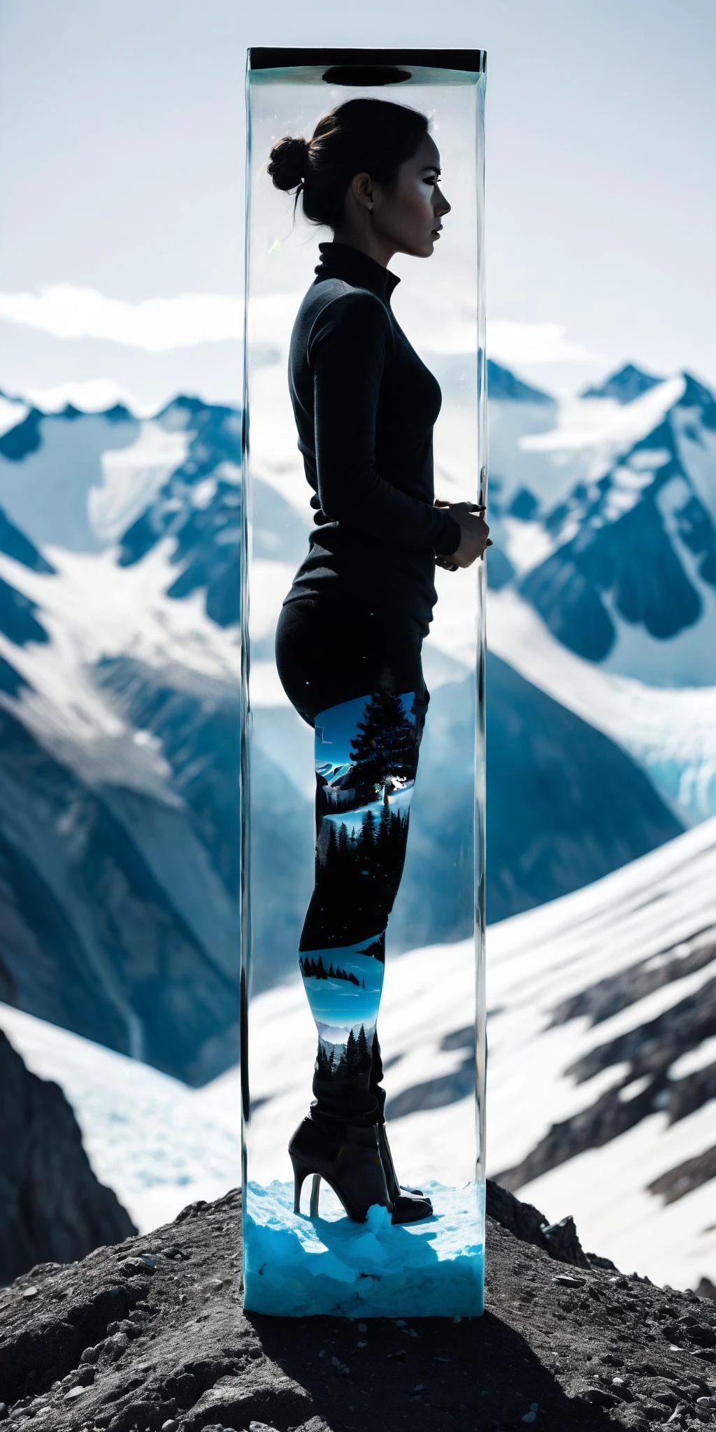 symbiotic relationship between a transluscent hourglass and a transparent woman,(double exposure:1.3) effect on (female full body:1.2) portrait silhouette,superimposed against glacier mountain by Conrad Roset,(Brandon Kidwell:1.2),Andreas Lie,Dan Mountford,Agnes Cecile,Jeremy Mann,oil and ink canvas,fine art,biolumiscent,super dramatic light,photoillustration,amazing depth,hyperdetailed,iridescent white,redundant dreams,intricate detailed,amazing depth,stunning atmosphere,mesmerizing whimsical vibrant scenery,maximalism (Beautiful Outside, Ugly Inside, Stress and Pain, Beauty and Despair, Hard and Soft, Positive and Negative, Hot and Cold, Sweet and Sour, Vibrant and Dull, Perfect Harmony, Light and Dark, Hot and Cold, Old and Young, Fire and Ice, Yin and Yang, Opposites, Black and white, Hot and Cold, Organic and Mechanical, Corresponding colors, Loud and Quiet, Chaos and Peace, Night and Day:1.4) complex masterwork by head of prompt engineering, <lora:hyperkraximalism:0.21>