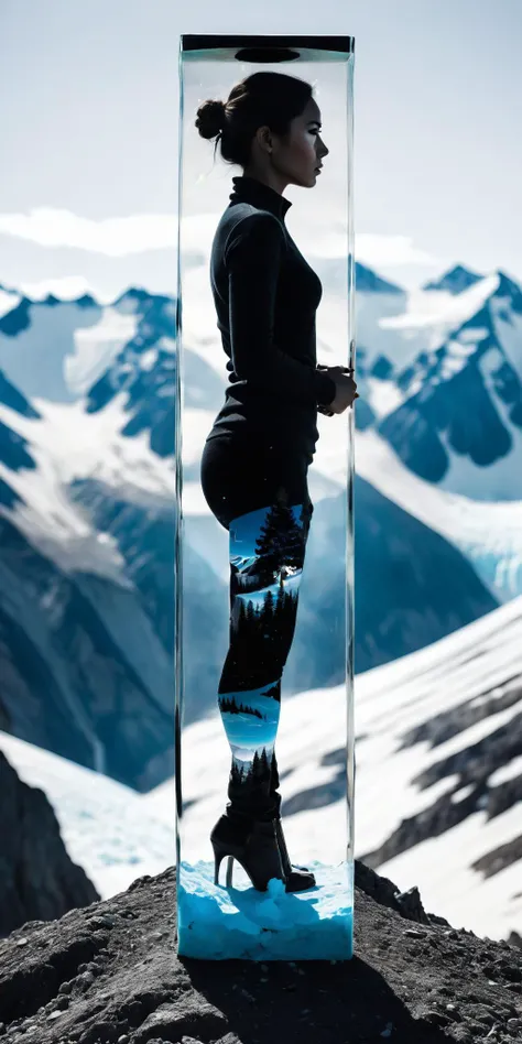 symbiotic relationship between a transluscent hourglass and a transparent woman,(double exposure:1.3) effect on (female full body:1.2) portrait silhouette,superimposed against glacier mountain by Conrad Roset,(Brandon Kidwell:1.2),Andreas Lie,Dan Mountford,Agnes Cecile,Jeremy Mann,oil and ink canvas,fine art,biolumiscent,super dramatic light,photoillustration,amazing depth,hyperdetailed,iridescent white,redundant dreams,intricate detailed,amazing depth,stunning atmosphere,mesmerizing whimsical vibrant scenery,maximalism (Beautiful Outside, Ugly Inside, Stress and Pain, Beauty and Despair, Hard and Soft, Positive and Negative, Hot and Cold, Sweet and Sour, Vibrant and Dull, Perfect Harmony, Light and Dark, Hot and Cold, Old and Young, Fire and Ice, Yin and Yang, Opposites, Black and white, Hot and Cold, Organic and Mechanical, Corresponding colors, Loud and Quiet, Chaos and Peace, Night and Day:1.4) complex masterwork by head of prompt engineering, <lora:hyperkraximalism:0.21>