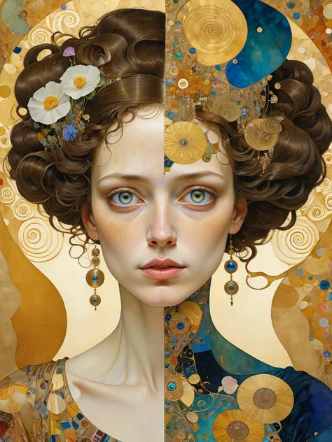 split screen, [mysterious:happy:0.5] woman, by Gustav Klimt, artistic impressionist watercolor paint by Geoffroy Thoorens and James Christensen, intricate, cinematic lighting, highly detailed, smooth, sharp focus, perfect balanced style, amazing depth, complementary colors  <lora:hyperkraximalism:0.3>