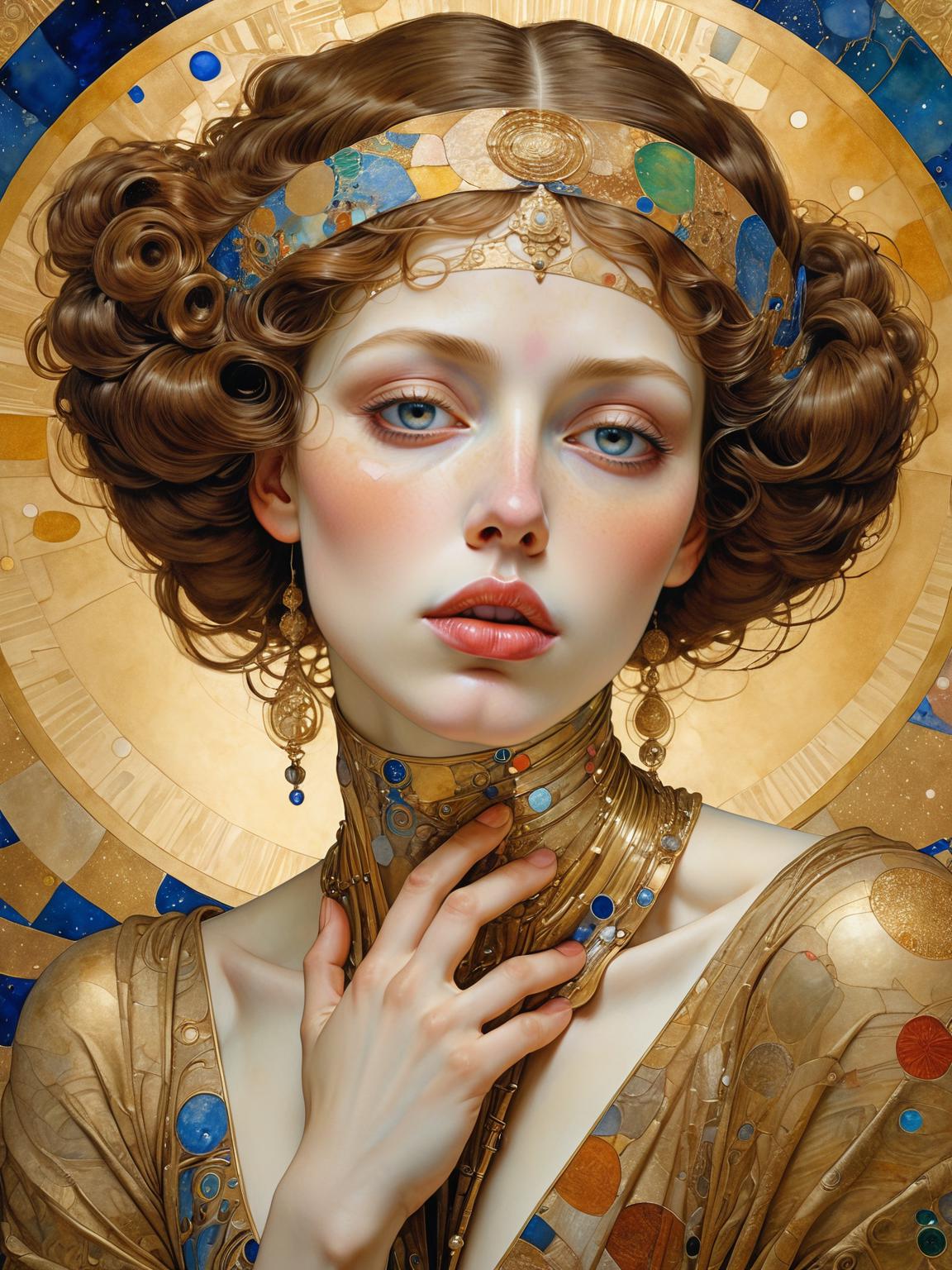 A painting of a woman with a gold headpiece and blue eyes - SeaArt AI