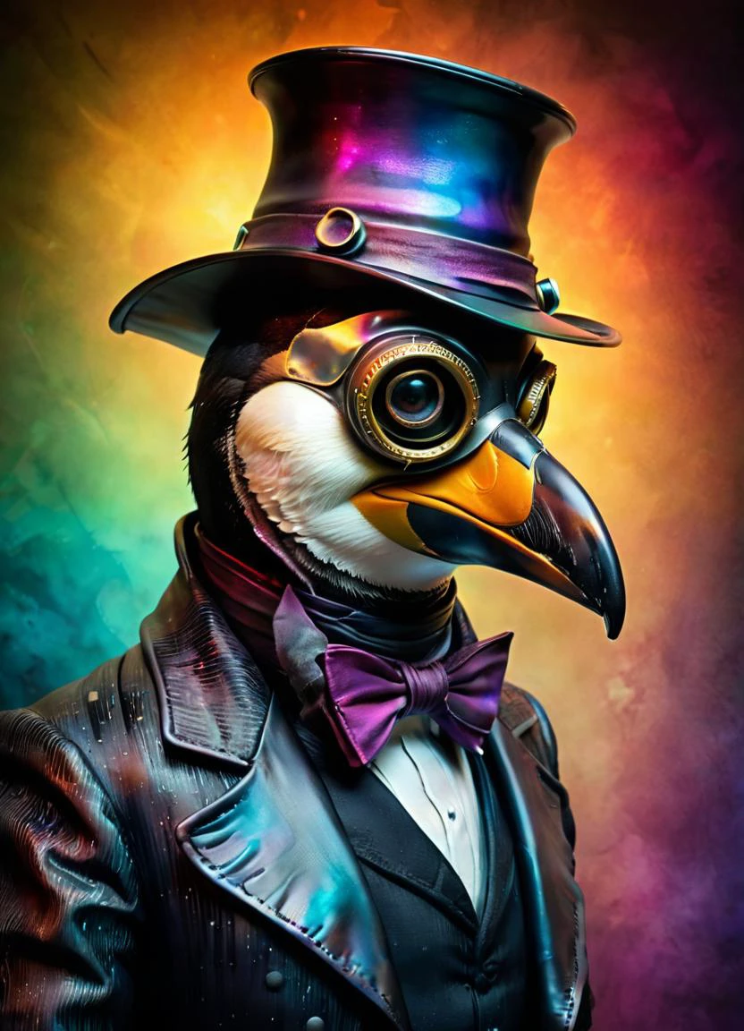 award winning studio (style of Andrew Ferez) photo of the (penguin:1.1) wearing (plague doctor mask:1.3), made of <lora:CarbonFIberXL:0.8> carbonfiber, low key, high contrast, zbrush <lora:add-detail-xl:0.8> <lora:hp_lovecraft_XL:0.4> hp_lovecraft_style <lora:hyperkraximalism:0.45> hyperkraximalism (colorful background:1.2), subsurface scattering, Photorealistic, Hyperrealistic, analog style, realistic, film photography, soft lighting, heavy shadow