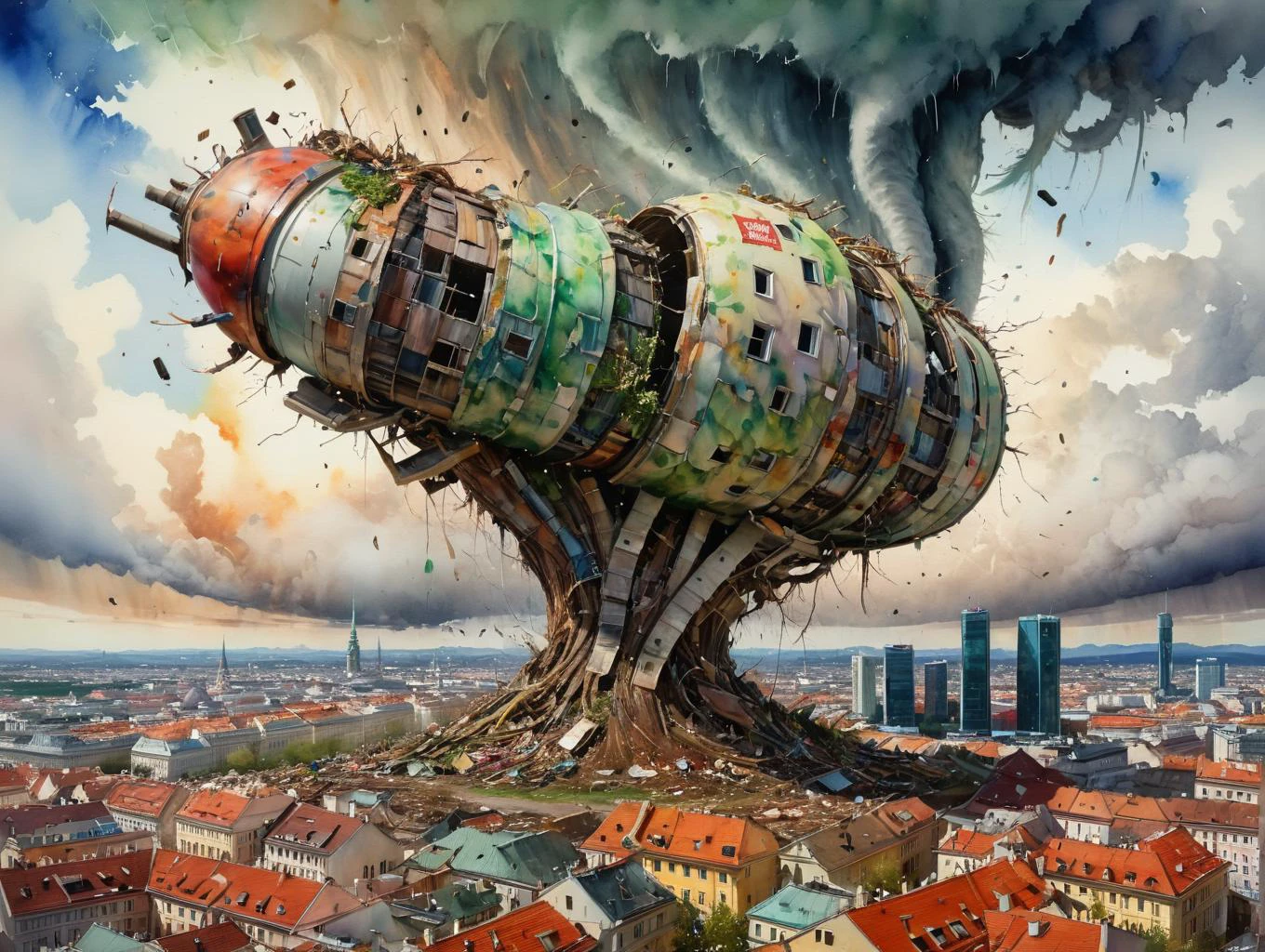 powerful tornado made out of crap and rubbish overhelming Vienna city skyline, watercolor art by Marc Simonetti and Anton Fadev, photorealism, beautiful art, uncanny feeling, waste and scrap, post apocalyptic feeling, maximalism, hyperdetailed, impressive masterwork by head of prompt engineering <lora:hyperkraximalism:0.64>