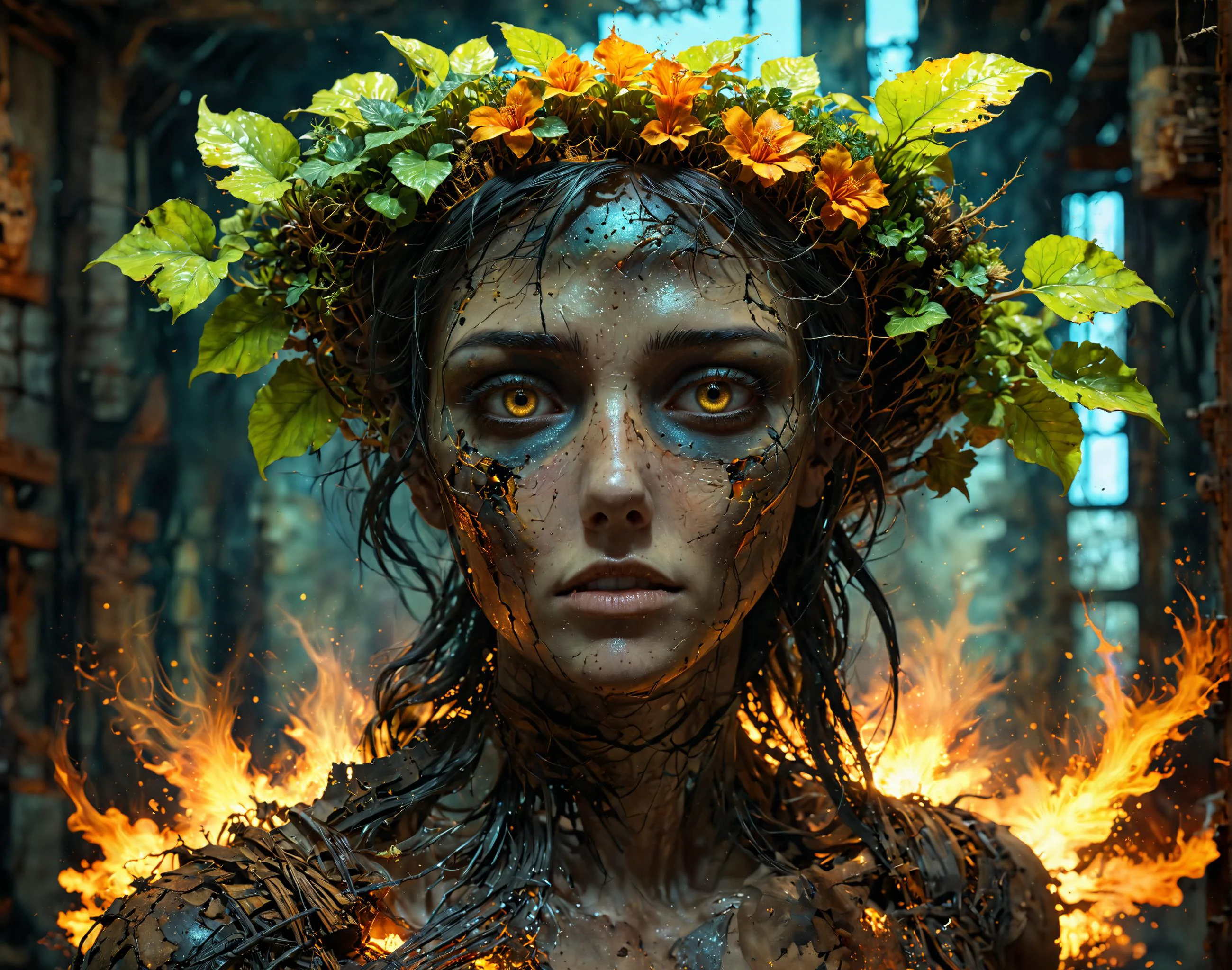 cracked skin, (glowing eyes:1.2), looking at viewer, a picture of a female druid casting ancient magic in a dilapidated industrial warehouse, neon, post-apocalypse, female hobo, plants in hair, dirty, Silhouette Art, radiating glowing effect, glowneon, cinematic film still, volumetric lighting, torn clothing, scifi,
<lora:glowneon_xl_v1:.7> forest, <lora:hyperkraximalism:0.6> hyperkraximalism,, volumetric lighting, depth of field, key visual