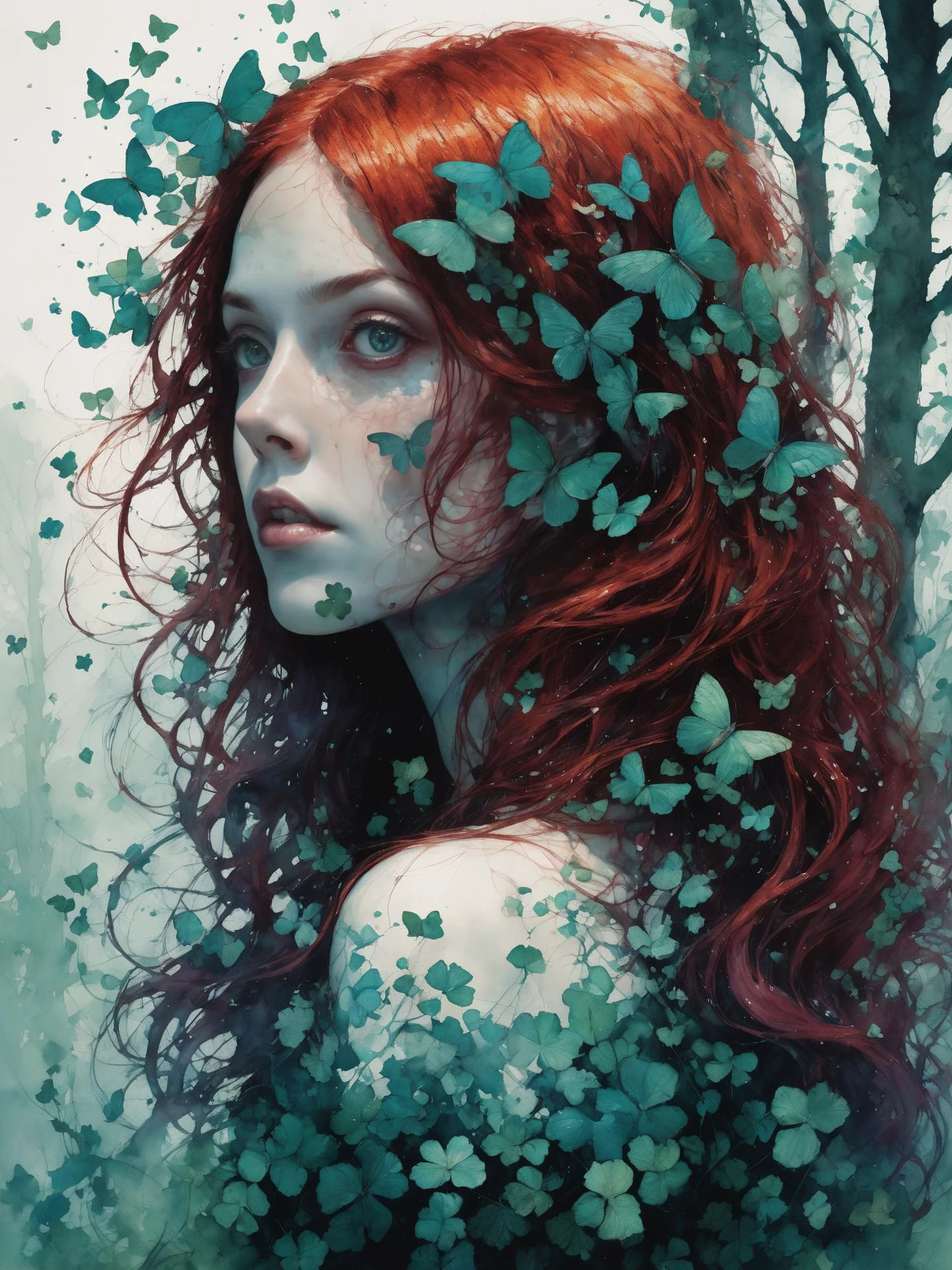 mysterious silhouette celtic forest woman with red hair, four-leaf clover, irish style, by Minjae Lee, Carne Griffiths, Emily Kell, Geoffroy Thoorens, Aaron Horkey, Jordan Grimmer, Greg Rutkowski, amazing depth, masterwork, intricately detailed, bokeh, perfect balanced, deep fine borders, artistic photorealism , smooth, strong colors, great masterwork by head of prompt engineering <lora:add-detail-xl:2> <lora:hyperkraximalism:0.3>