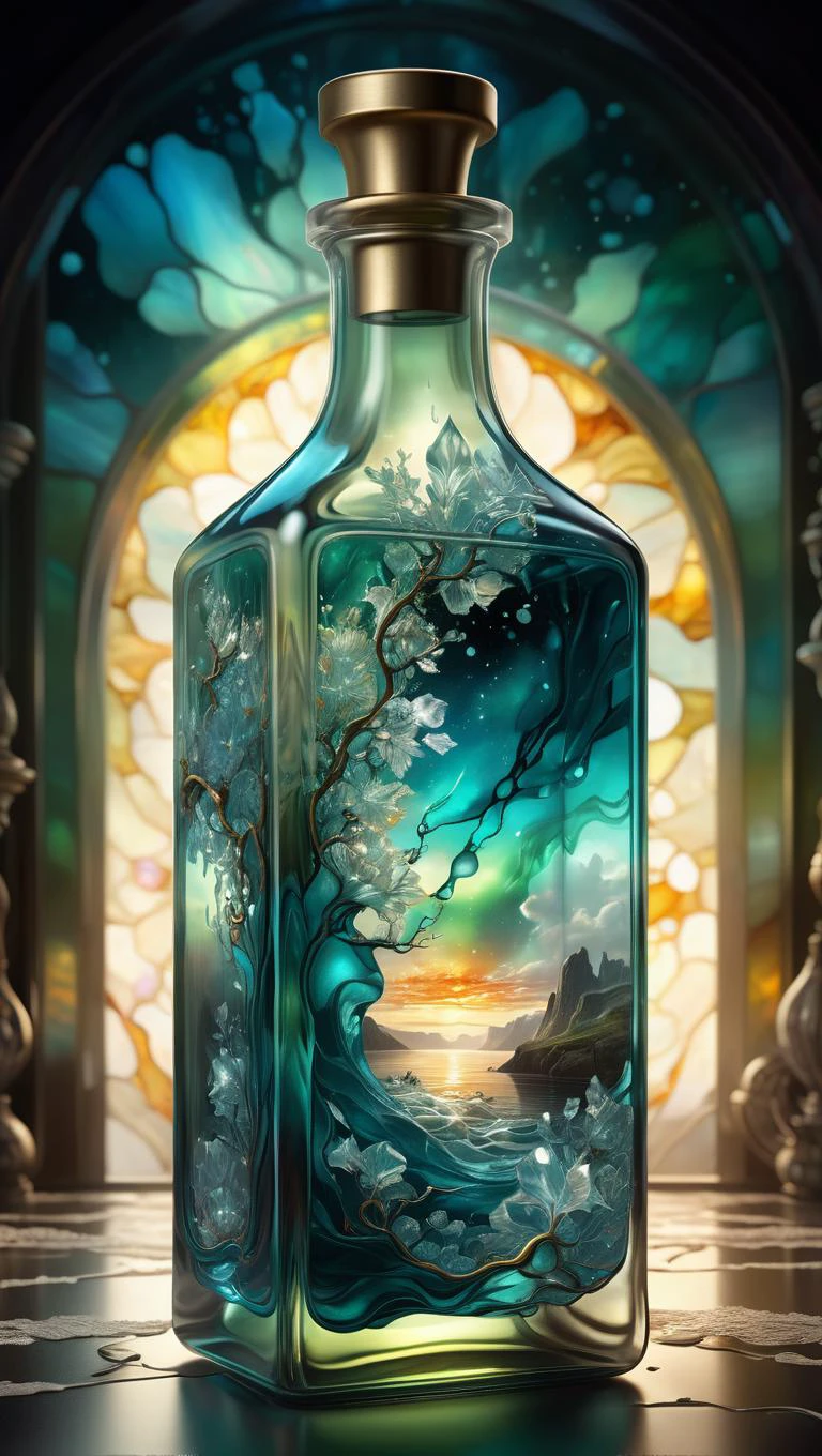 Close up of a stunning crystal clear stained glass bottle with northern light fjord inside, intricate and hyperdetailed photorealistic digital painting by Wadim Kashin and Alberto Seveso and Marc Simonetti and Jeremy Geddes and Gediminas Pranckeviciu, artistic art, album cover art, amazing depth, magical aurora light, filigree motif, perfect balanced styles, beautiful and impressive masterwork by head of prompt <lora:hyperkraximalism:0.2>