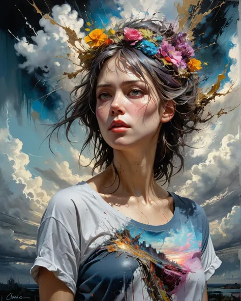 mysterious woman, torn t-shirt, photorealism, amazing depth, beautiful art, maximalism, fantasy concept art, impressionist oil painting by Claude Monet, Carne Griffiths, Geoffroy Thoorens, James Christensen, Russ Mills, intricate, cinematic lighting, highly detailed, smooth, sharp focus, perfect balanced style, amazing depth, complementary colors, whimsical clouds, hyperdetailed, dark light, stunning masterwork by head of prompt engineering  <lora:hyperkraximalism:0.25>