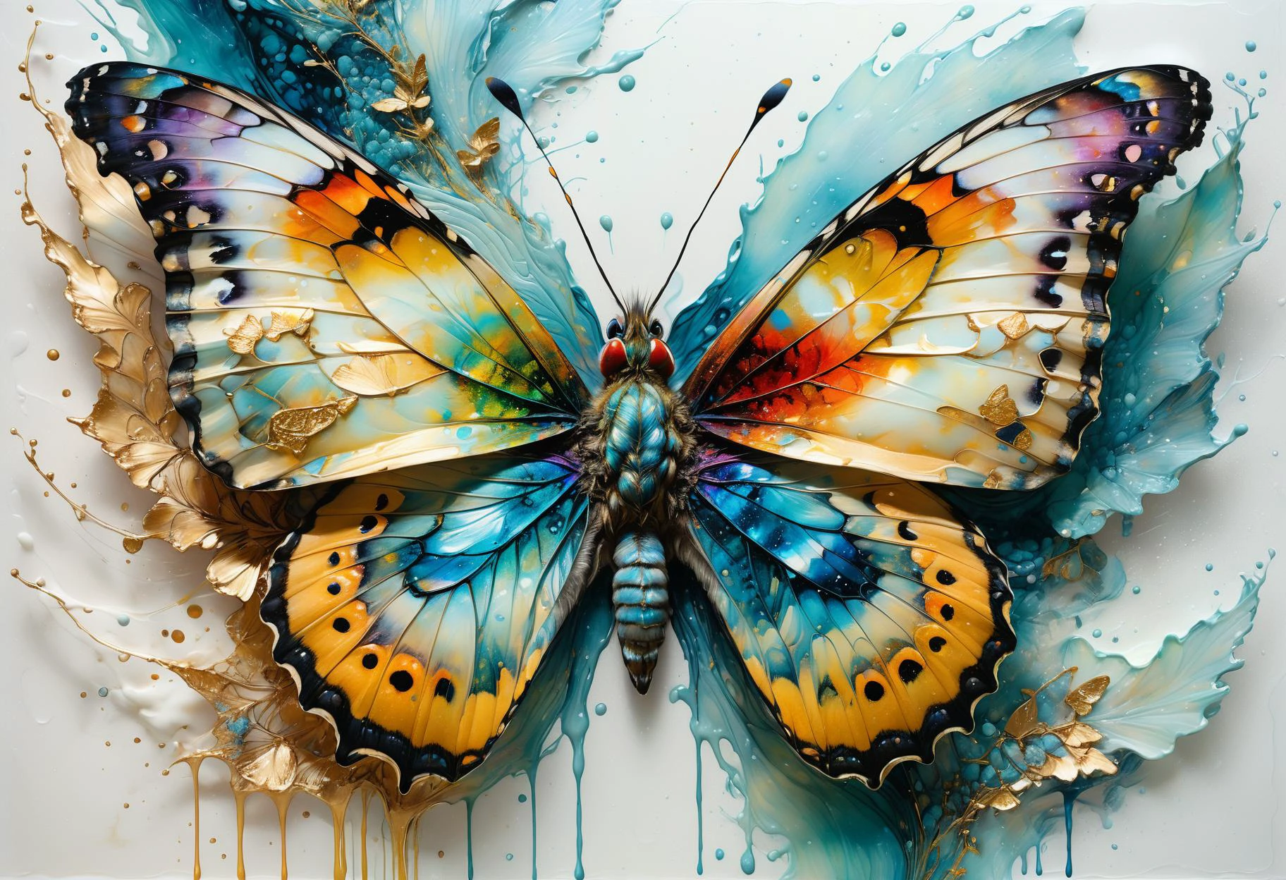 full body portrait of a beautiful butterfly with perforated huge wings, Carne Griffiths, Agnes Cecile, Steve McCurry, amazing depth, wet milk, hyperdetailed, foggy colorsplash, intricately detailed, perfect balanced masterwork, impressive artwork, triadic colors gold aquamarine opal, huge waves of splashing paint, exploding thick colors, alcohol ink, detailed masterwork by head of prompt engineering <lora:add-detail-xl:1> <lora:hyperkraximalism:0.41>