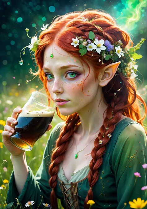 lovely pixie elve portrait drinking guiness beer, long braided red hair, in the middle of a flowering meadow, magical plants in the hair, intense magical bioluminescent, iridescent green, amazing depth, whimsical, surrounded with ethereal energy, mist, deep depth of field, bokeh, glowing particles and freckles, divine, sparking glow, irish themed, cinematic advertisement <lora:hyperkraximalism:0.3>