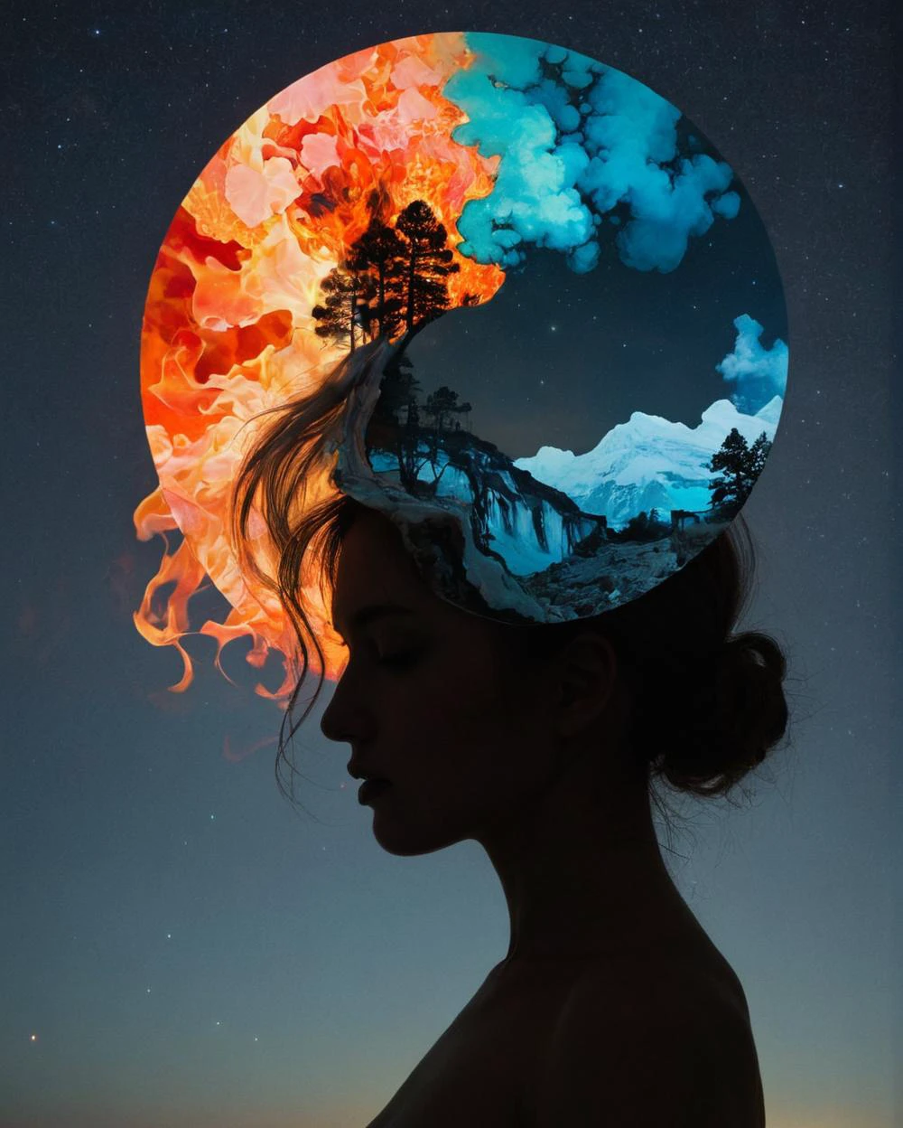 jellyfish in your mind,double exposure effect of female body portrait silhouette,superimposed against night sky by Conrad Roset,Brandon Kidwell,Andreas Lie,Dan Mountford,Agnes Cecile,Jeremy Mann,oil and ink canvas,fine art,super dramatic light,photoillustration,amazing depth,redundant dreams,evolution of creativity,intricate detailed,stunning atmosphere,mesmerizing whimsical vibrant scenery,(Beautiful Outside, Ugly Inside, Stress and Pain, Beauty and Despair, Hard and Soft, Positive and Negative, Hot and Cold, Sweet and Sour, Vibrant and Dull, Perfect Harmony, Light and Dark, Hot and Cold, Old and Young, Fire and Ice, Yin and Yang, Opposites, Black and white, Hot and Cold, Organic and Mechanical, Corresponding colors, Loud and Quiet, Chaos and Peace, Night and Day:1.1) complex masterwork by head of prompt engineering , <lora:hyperkraximalism:0.25> hyperkraximalism