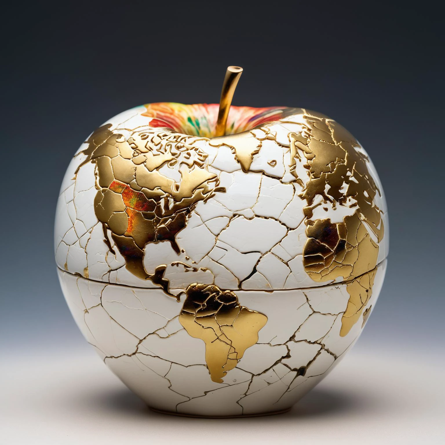 Augarten porcelain, golden world map on huge porcelain apple with deep fine cracks, kintsugi, colorful, cracked surface, expansive details, amazing depth, intricitaly hyperdetailed, soft focus, depth of field, iridescent gold kintsugi filling, detailed masterwork by head of prompt engineering <lora:hyperkraximalism:0.21>