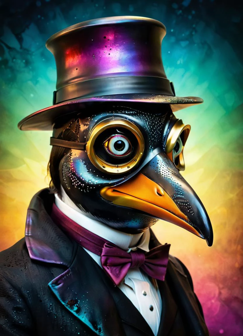 award winning studio (style of Andrew Ferez) photo of the (penguin:1.1) wearing (plague doctor mask:1.3), made of <lora:CarbonFIberXL:0.8> carbonfiber, low key, high contrast, zbrush <lora:add-detail-xl:0.8> <lora:hp_lovecraft_XL:0.4> hp_lovecraft_style <lora:hyperkraximalism:0.45> hyperkraximalism (colorful background:1.2), subsurface scattering, Photorealistic, Hyperrealistic, analog style, realistic, film photography, soft lighting, heavy shadow